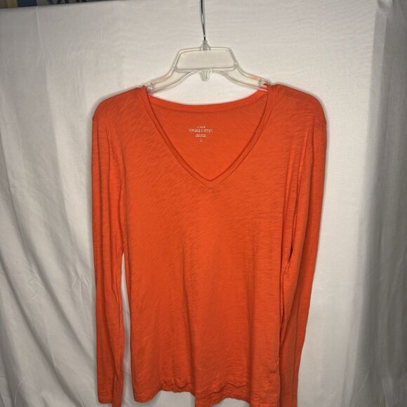 J Crew Vintage Cotton Women's Large Orange Long Sleeve V Neck Blouse Top T Shirt - Picture 1 of 9